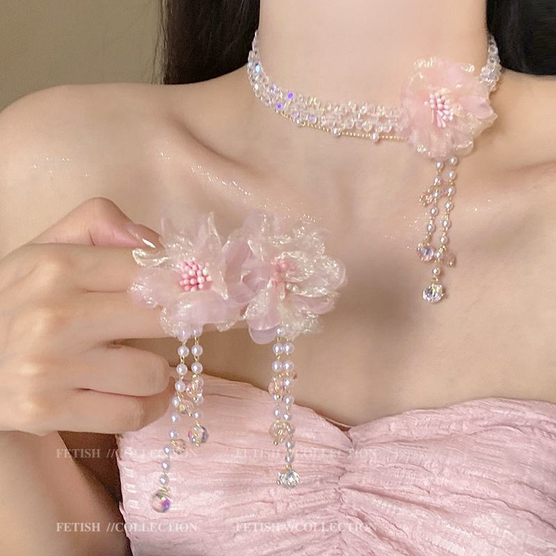 Pink Floral Necklace and Earring Set