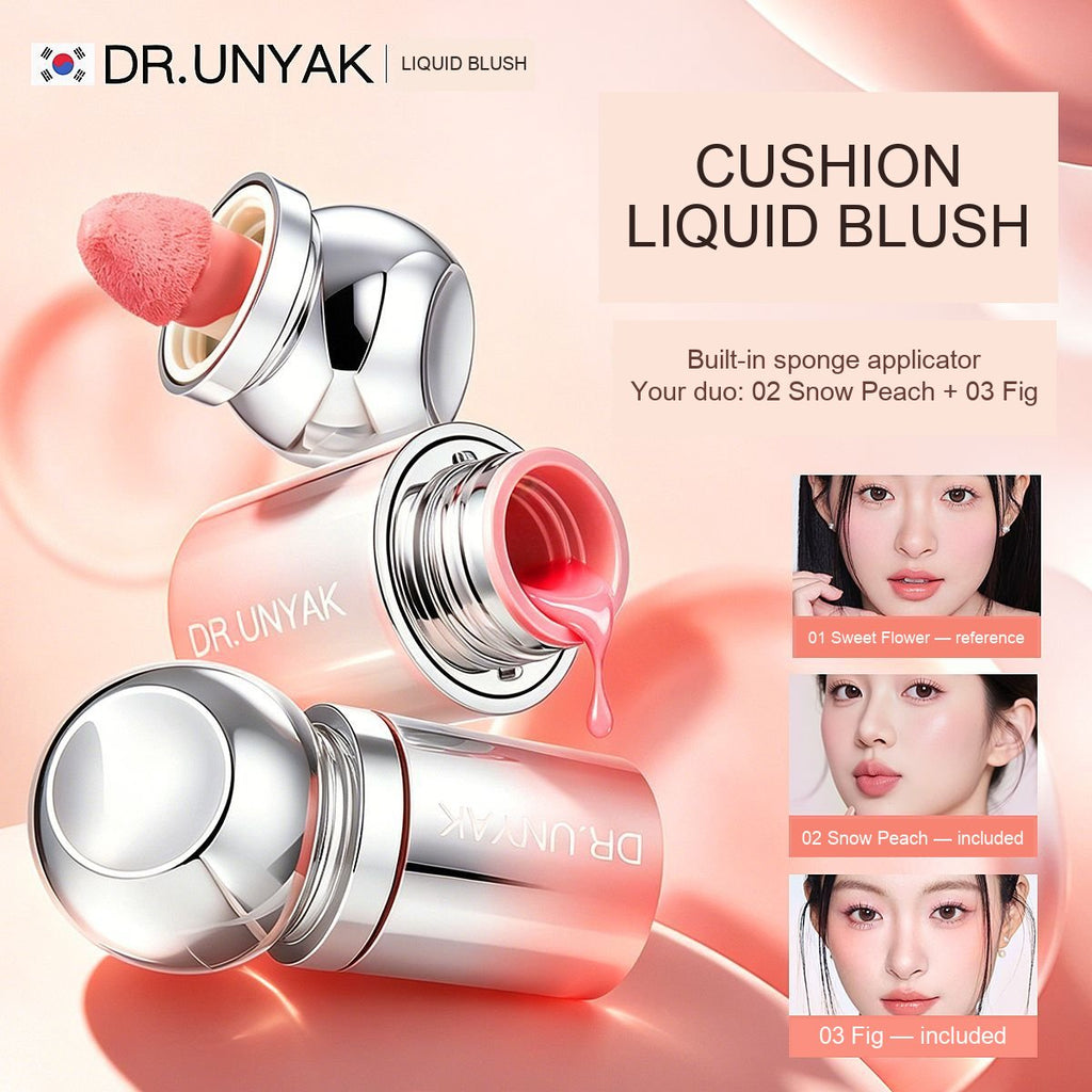 DR.UNYAK cushion liquid blush with sponge applicator and shade guide; the set includes 02 Snow Peach and 03 Fig
