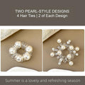 Clear coil hair ties in two pearl-style decorative designs; the four-piece set includes two of each design