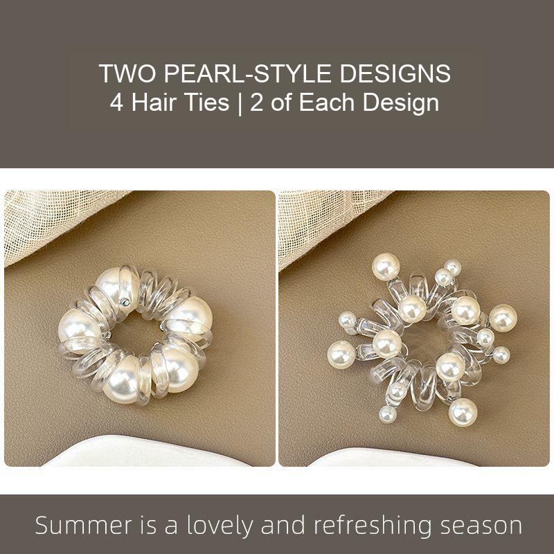Clear coil hair ties in two pearl-style decorative designs; the four-piece set includes two of each design