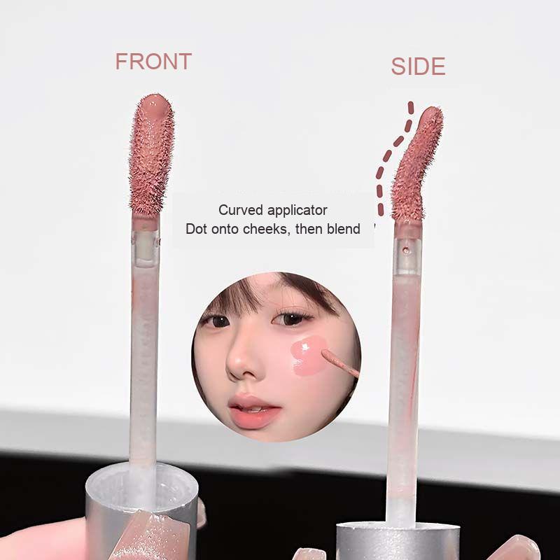 Front and side views of the curved LUCKGO liquid blush applicator, with cheek application detail
