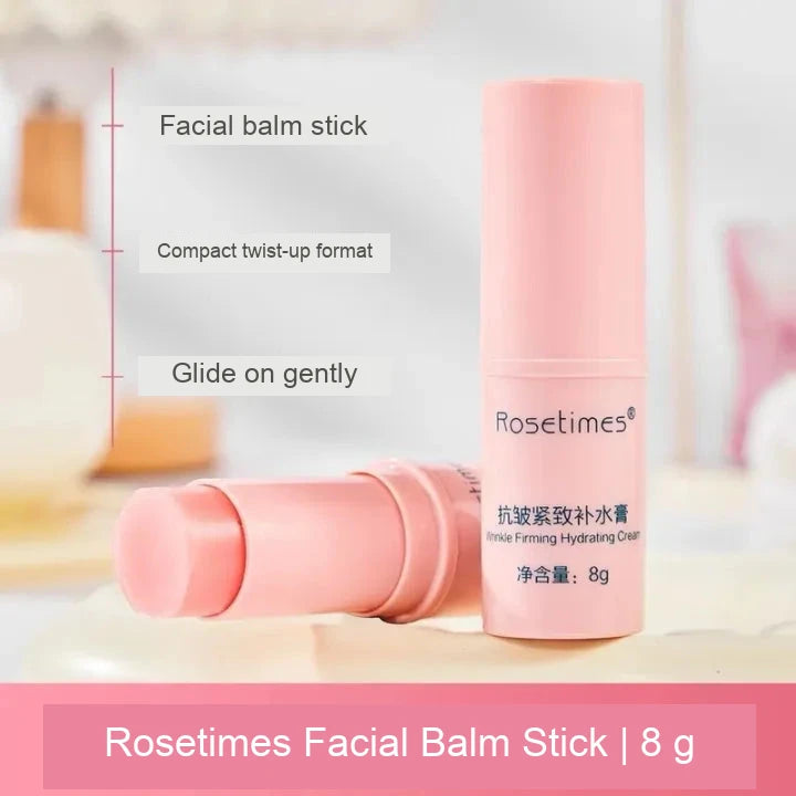 Rosetimes facial balm stick, 8 g, showing capped and uncapped packaging