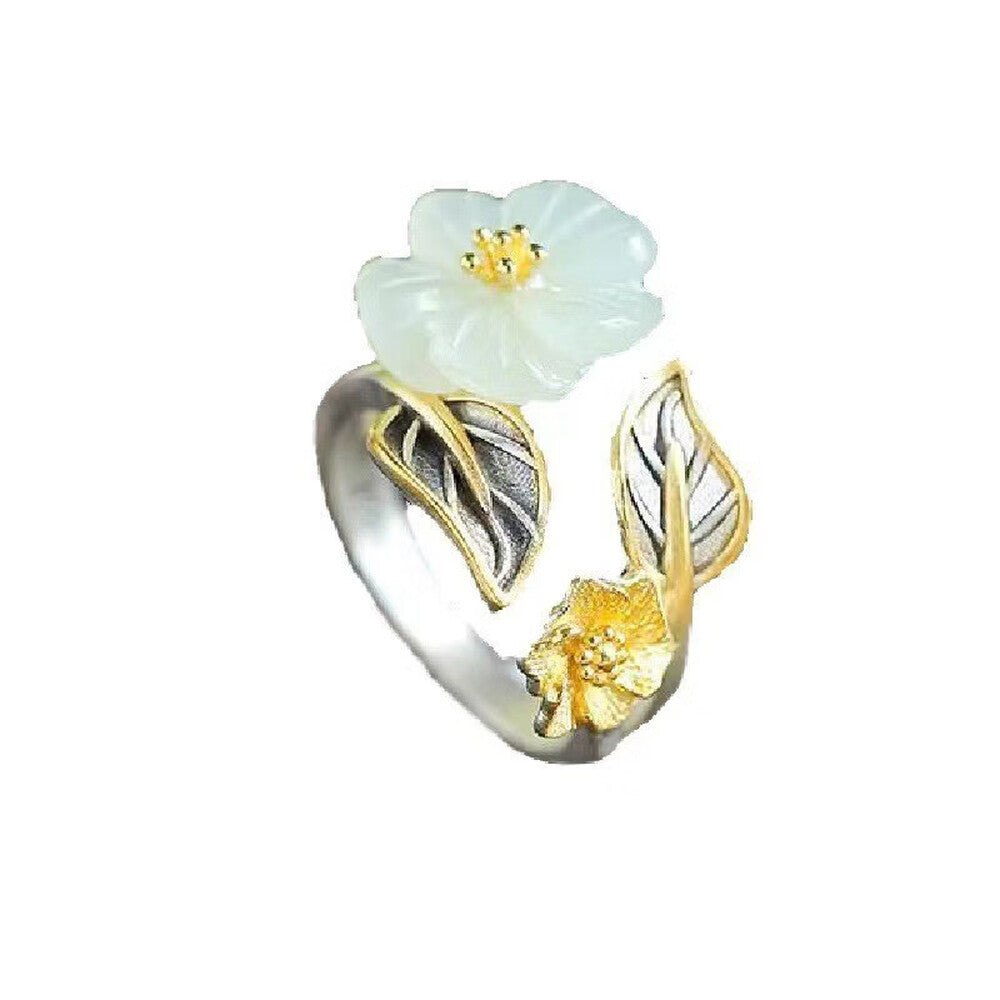 Plum Blossom Ring – Adjustable Silver Tone with Jade Detail