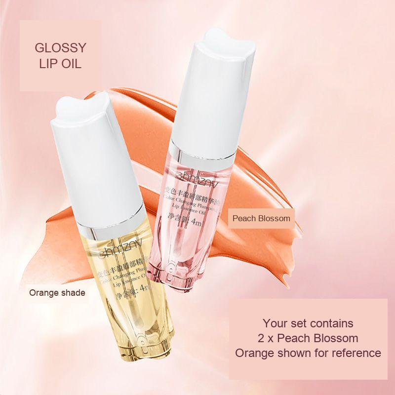 Lip oil packaging and shade comparison, with Peach Blossom selected and the orange shade shown for reference only