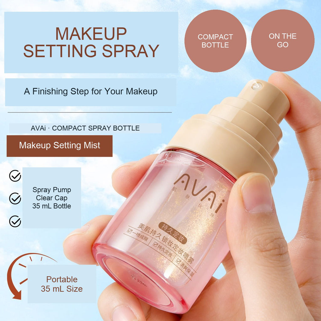 Close-up of the AVAi setting spray pump and portable bottle held in a hand