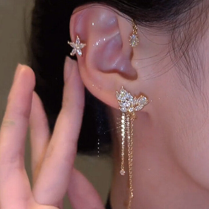 Star Flower Tassel Ear Cuff Pair in Gold Tone