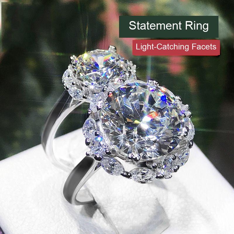 Statement ring with a large faceted clear stone-style accent shown from two angles