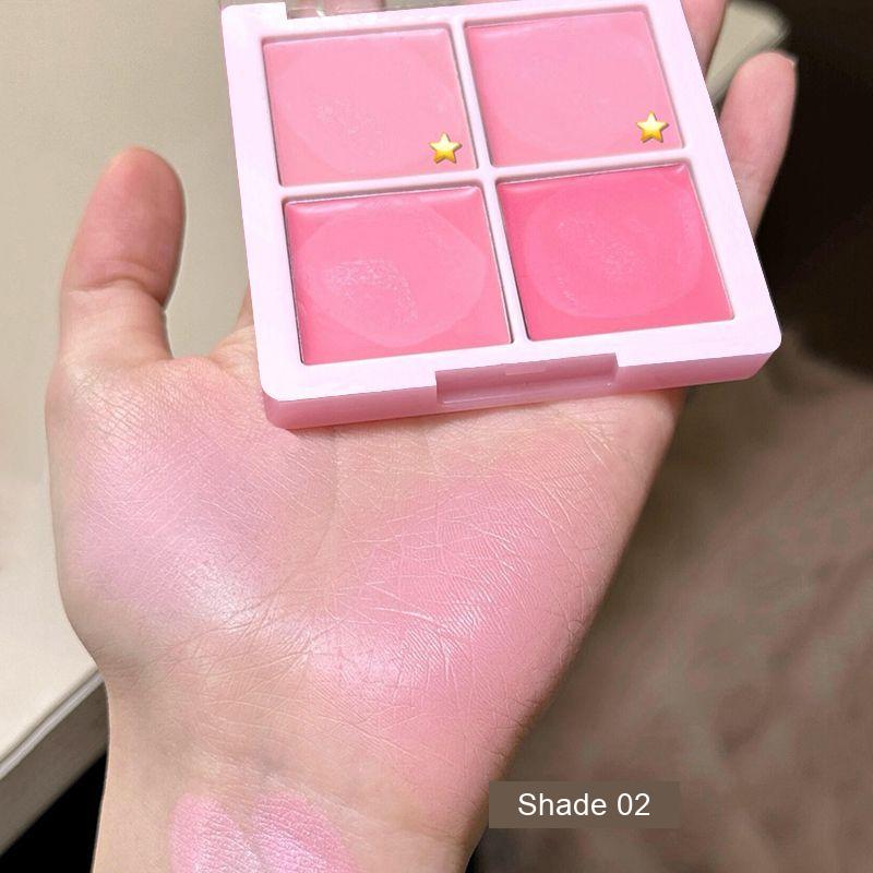 Four-pan cream blush palette shade 02 with a pink colour swatch on the palm