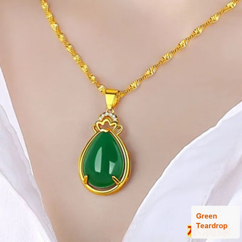 Green Teardrop Pendant Necklace - Silver Tone